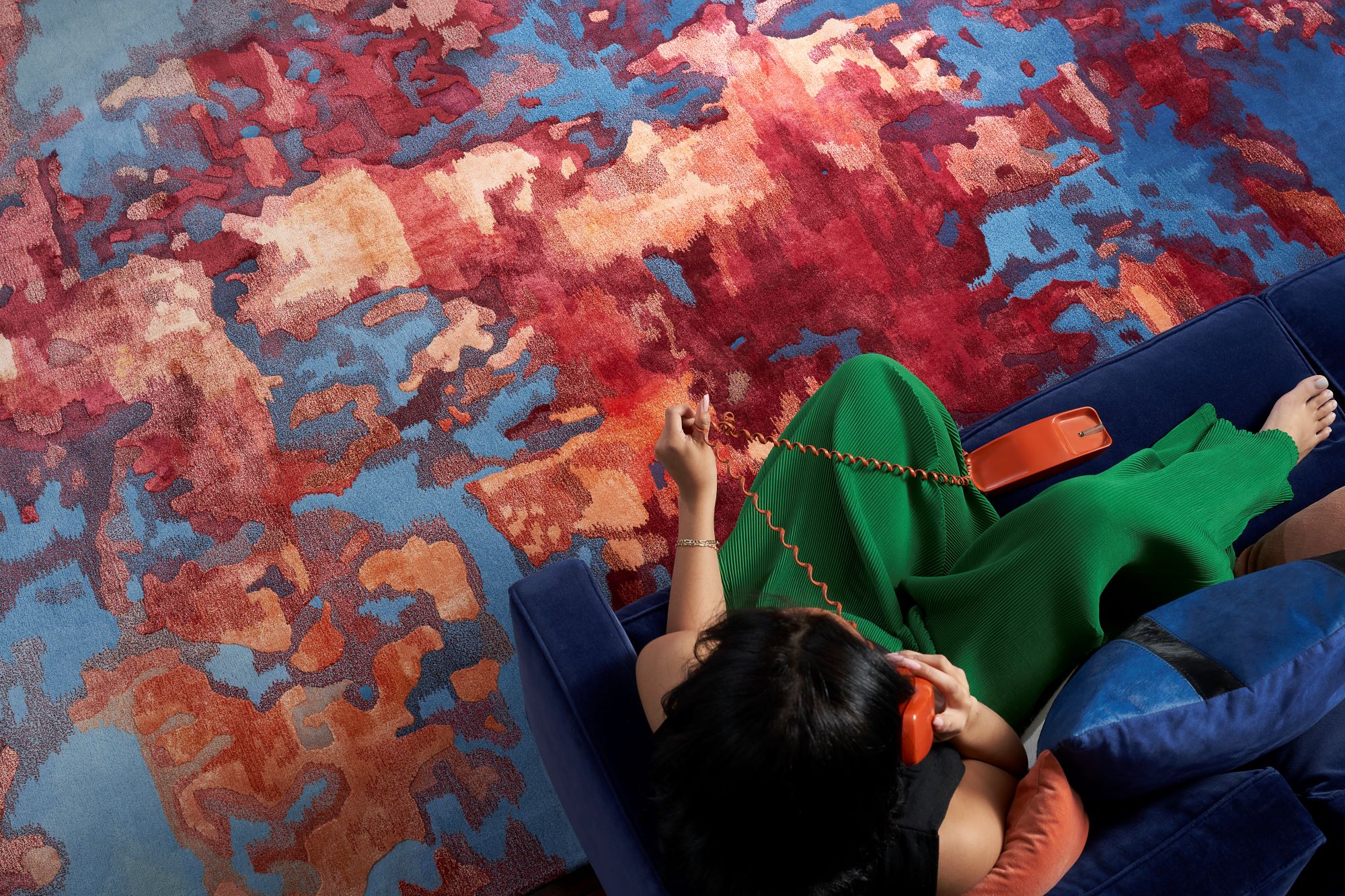 Overhead view of an abstract handmade rug