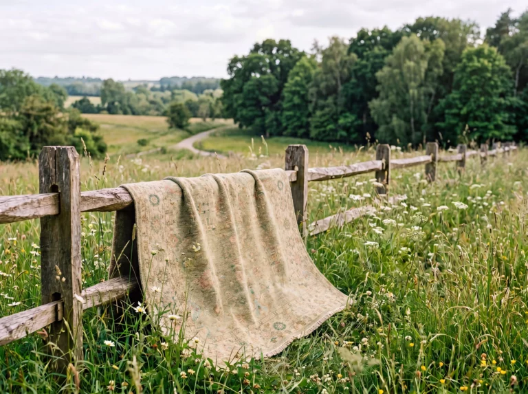 Vintage-style wool area rug with faded floral and medallion pattern draped over a rustic wooden fence in a wildflower meadow with rolling green hills in the background