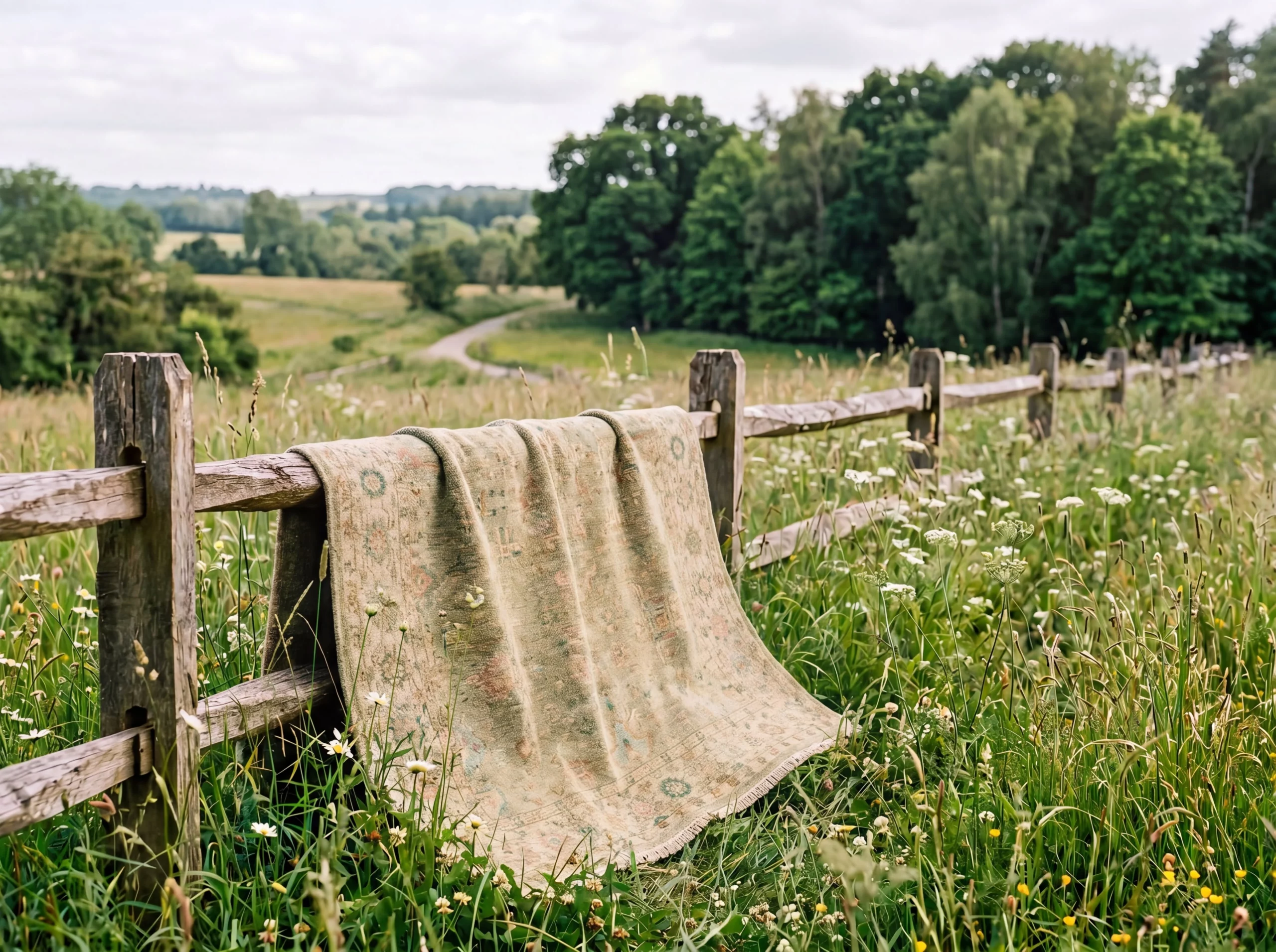 Vintage-style wool area rug with faded floral and medallion pattern draped over a rustic wooden fence in a wildflower meadow with rolling green hills in the background