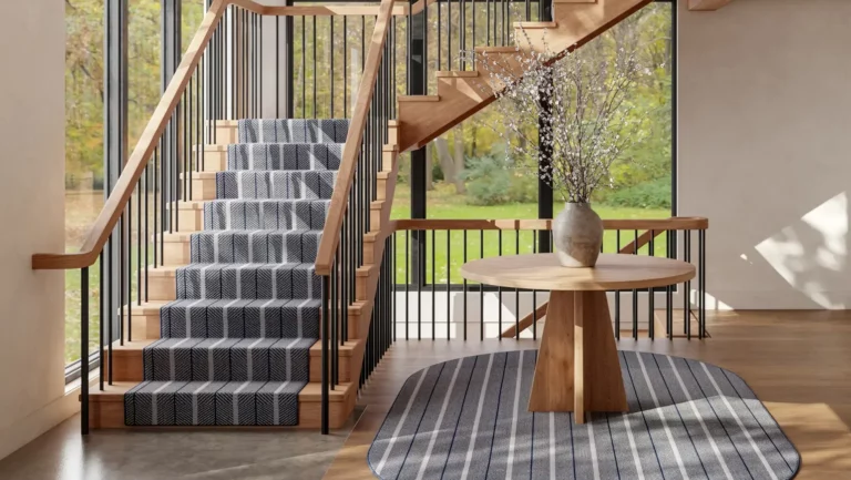 Navy and white patterned stair runner on a light oak staircase, with a matching oval striped rug beneath a round wood entry table