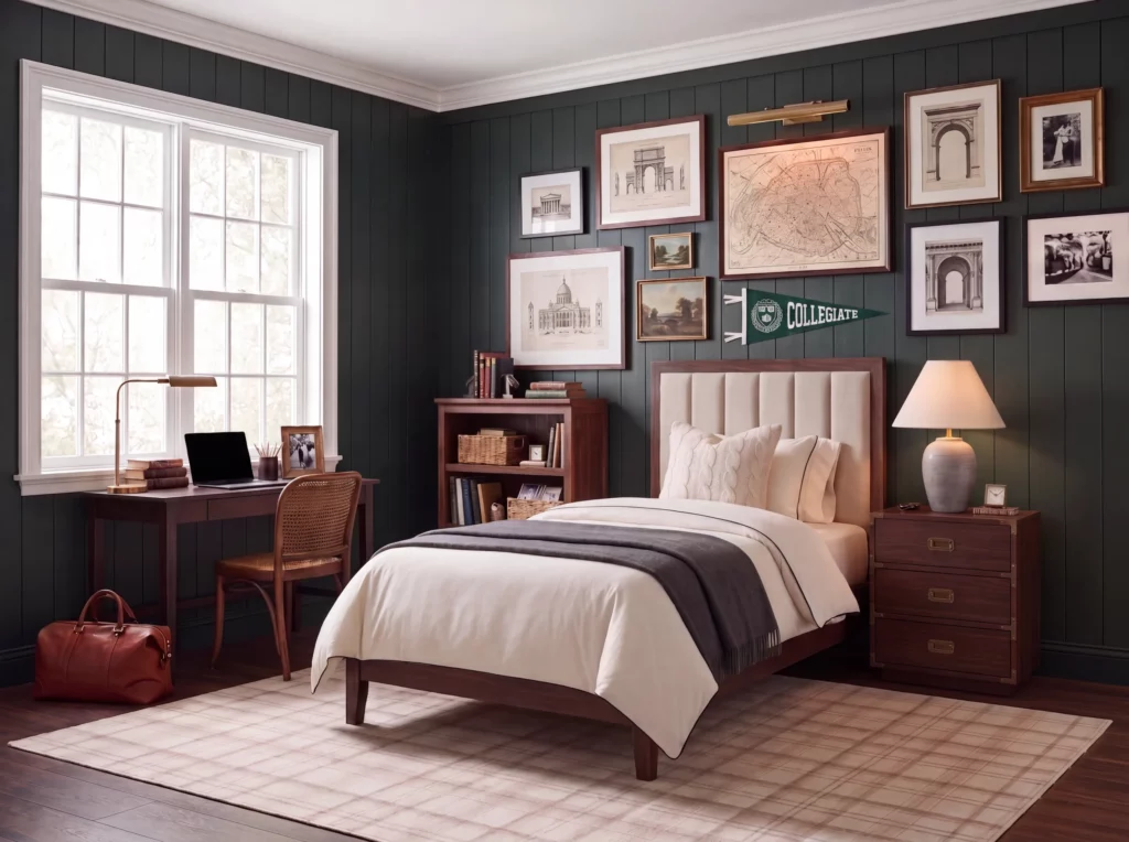 Ivory and beige plaid area rug in a varsity dorm room with dark green paneled walls, a framed gallery wall, and a walnut desk