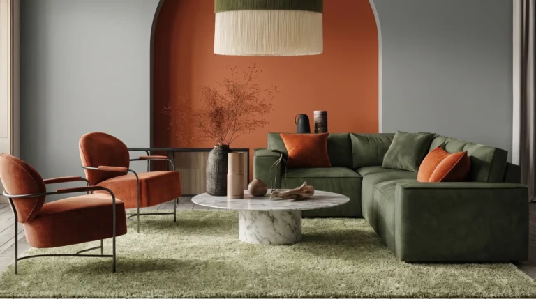 Living room with a green sectional sofa, rust-colored accent chairs, marble coffee table, and Pacific Shag PCS01 Green area rug.